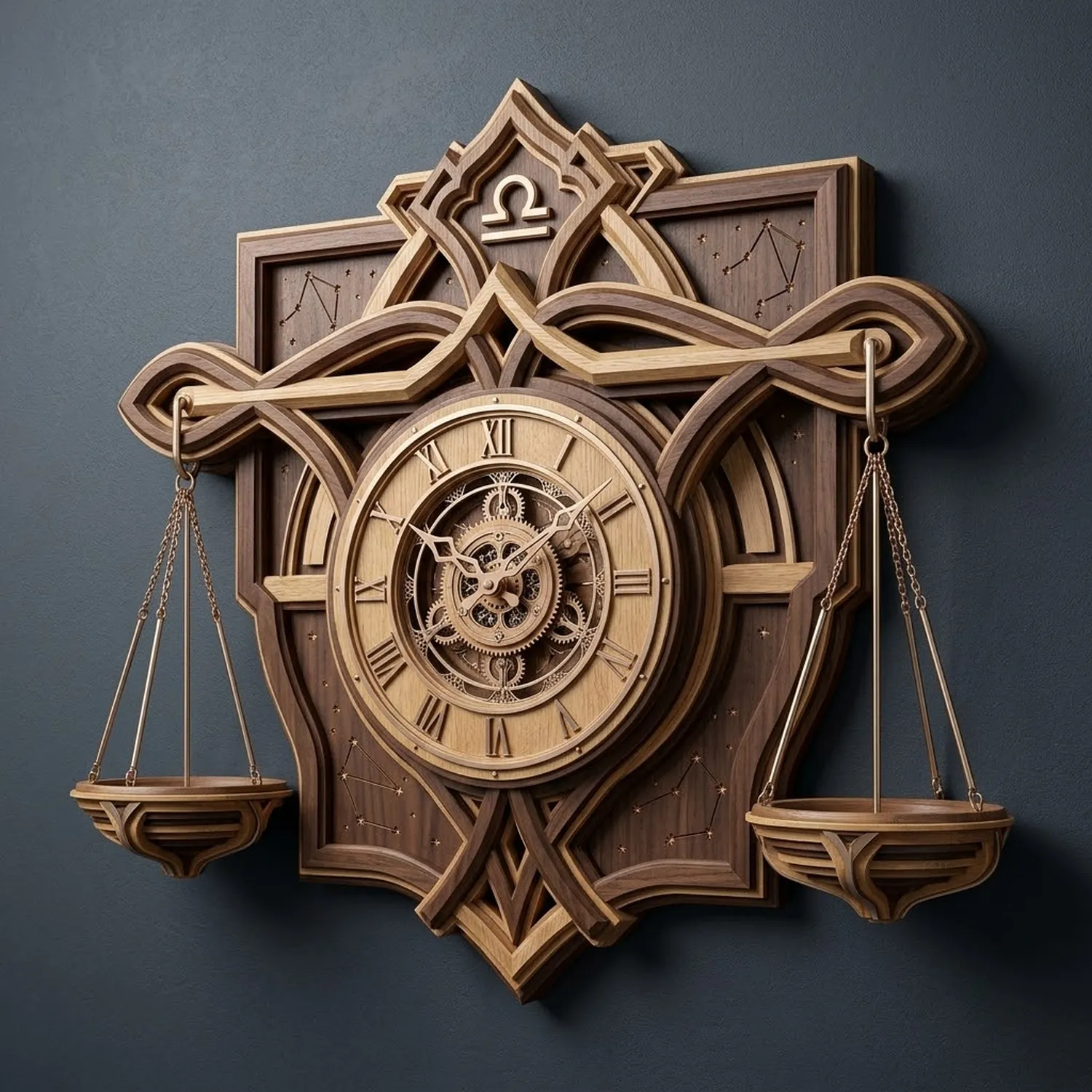 Wood Libra Wall Clock Balanced Zodiac Constellation Elegant Wall Accent