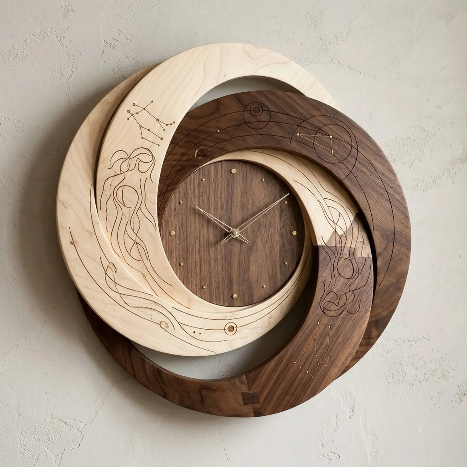 Wood Gemini Wall Clock Dual Zodiac Constellation Contemporary Aesthetic Accent