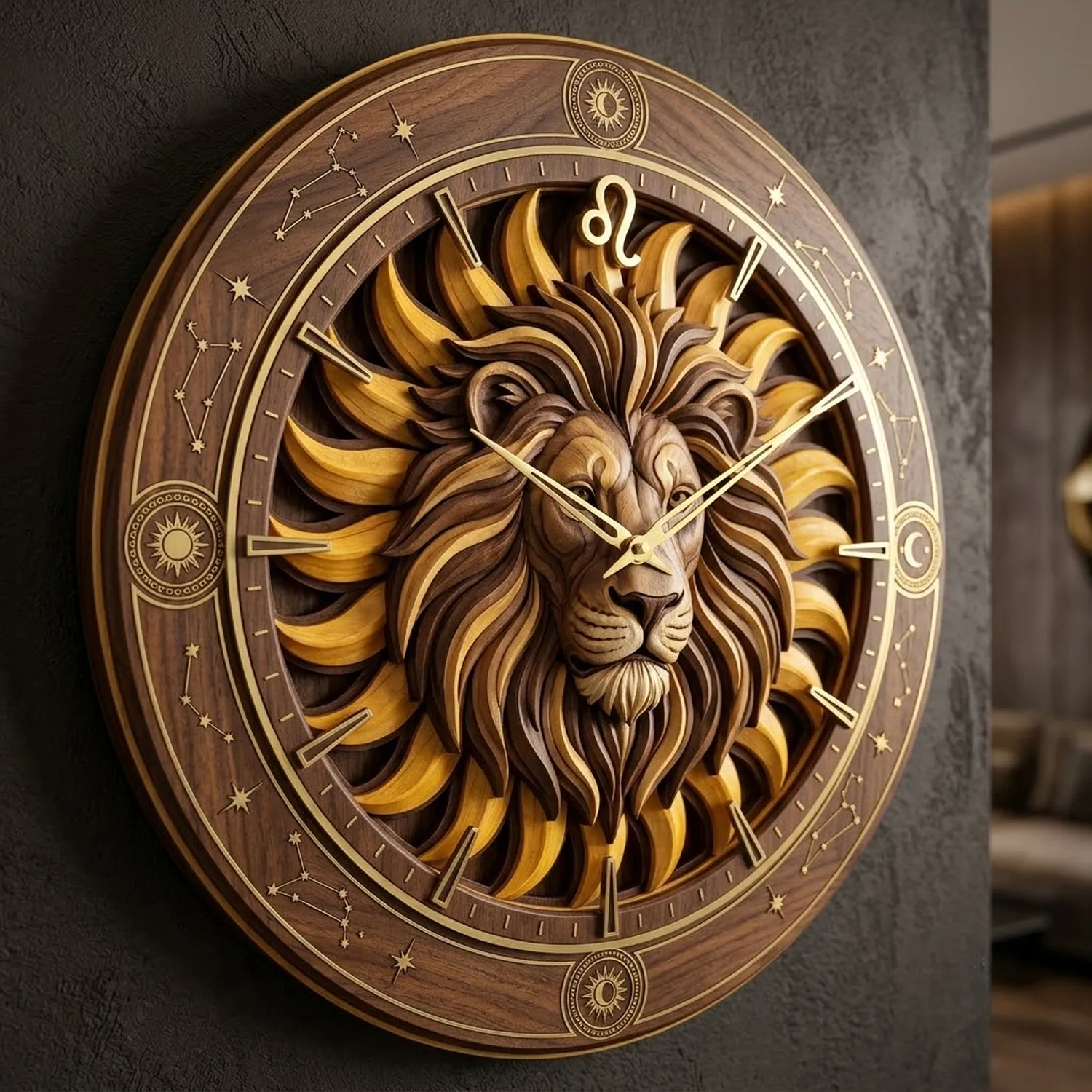 Wood Leo Wall Clock Bold Zodiac Constellation Statement Wall Decor
