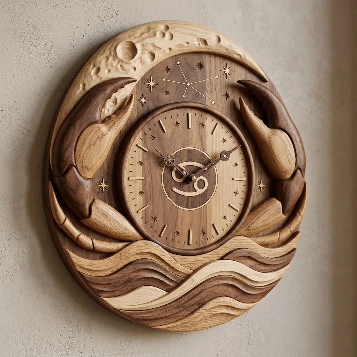 Wood Cancer Wall Clock Water Sign Astrological Cozy Room Styling
