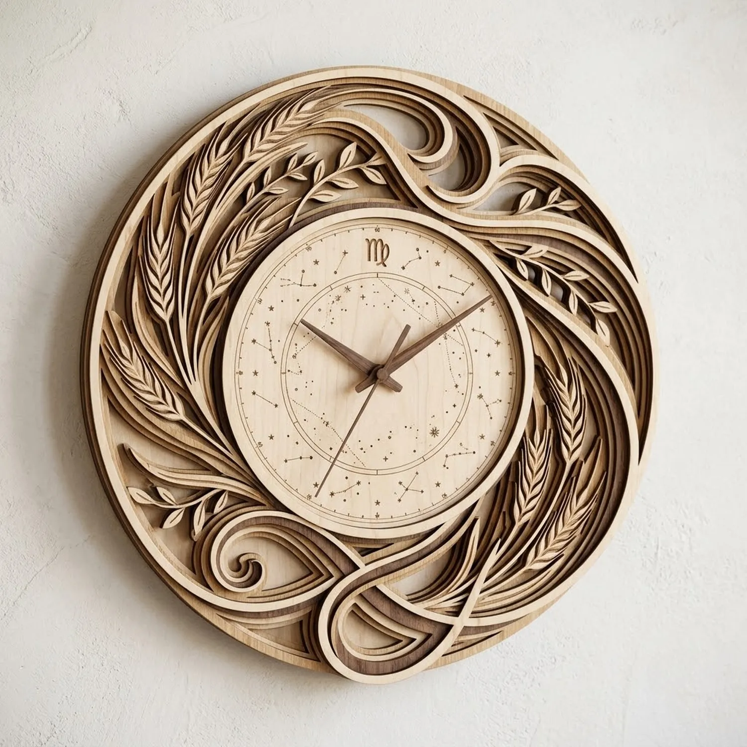 Wood Virgo Wall Clock Earth Sign Astrological Minimalist Interior Decor