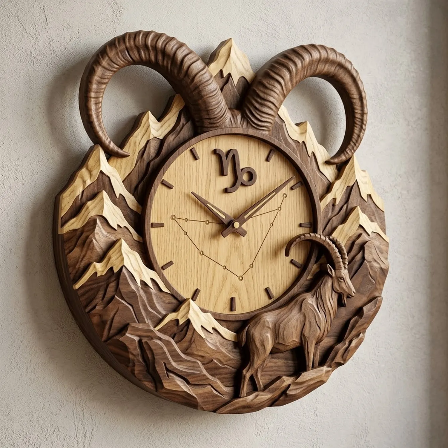 Wood Capricorn Wall Clock Earth Sign Astrological Classic Interior Accent